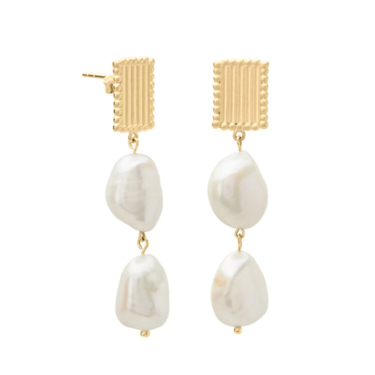 Aphrodite Goddess Medium Pearl Earrings in 18KT Yellow Gold Plate