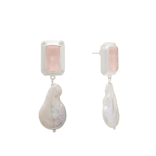 Hanging Pearl Earring with Rose Quartz & White Topaz in Sterling Silver