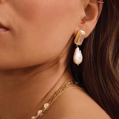 Hanging Pearl Earring with Rose Quartz & White Topaz in 18KT Yellow Gold Plate