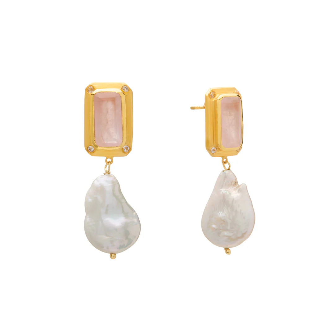 Hanging Pearl Earring with Rose Quartz & White Topaz in 18KT Yellow Gold Plate