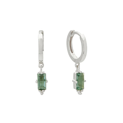 Huggie with Hanging Green Quartz Baguette in Sterling Silver