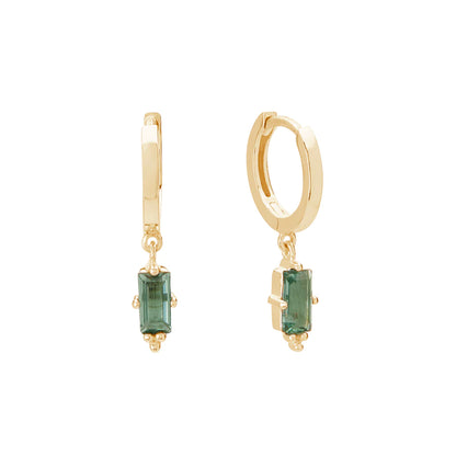 Huggie with Hanging Green Quartz Baguette in 18KT Yellow Gold Plate