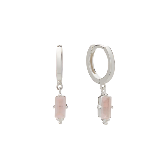 Huggie with Hanging Rose Quartz Baguette in Sterling Silver