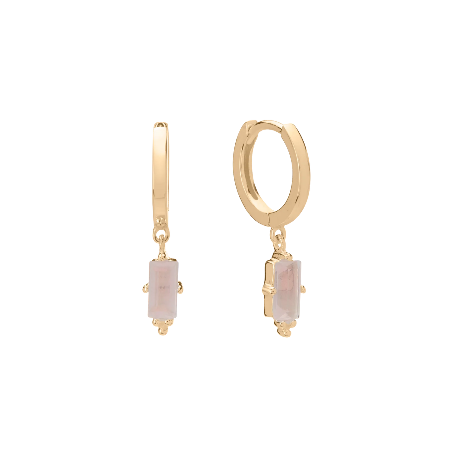 Huggie with Hanging Rose Quartz Baguette in 18KT Yellow Gold Plate