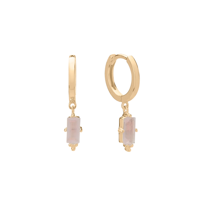 Huggie with Hanging Rose Quartz Baguette in 18KT Yellow Gold Plate