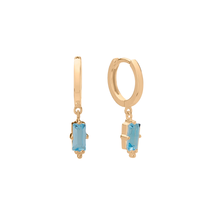 Huggie with Hanging Blue Topaz Baguette in 18KT Yellow Gold Plate