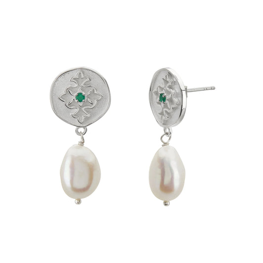 Wandering Soul Green Onyx & Pearl Earrings in Sterling Silver