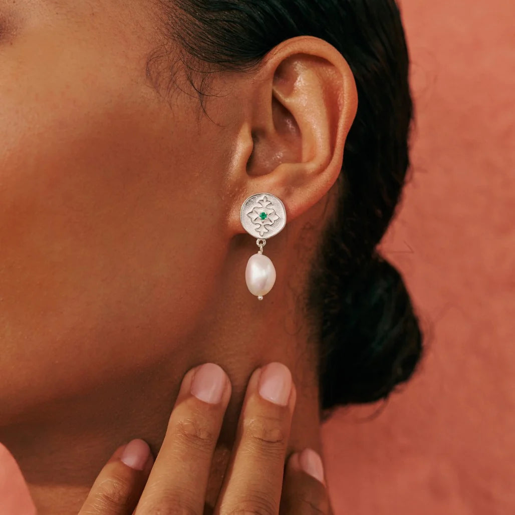 Wandering Soul Green Onyx & Pearl Earrings in Sterling Silver