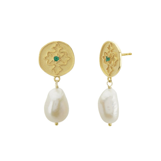 Wandering Soul Green Onyx & Pearl Earrings in 18KT Yellow Gold Plate